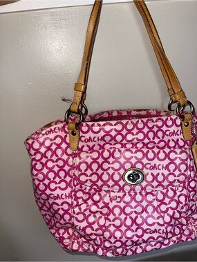 Coach Pink Signature Logo Tote with Tan Leather Handles